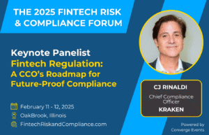 CJ Rinaldi speaking during a fintech compliance session