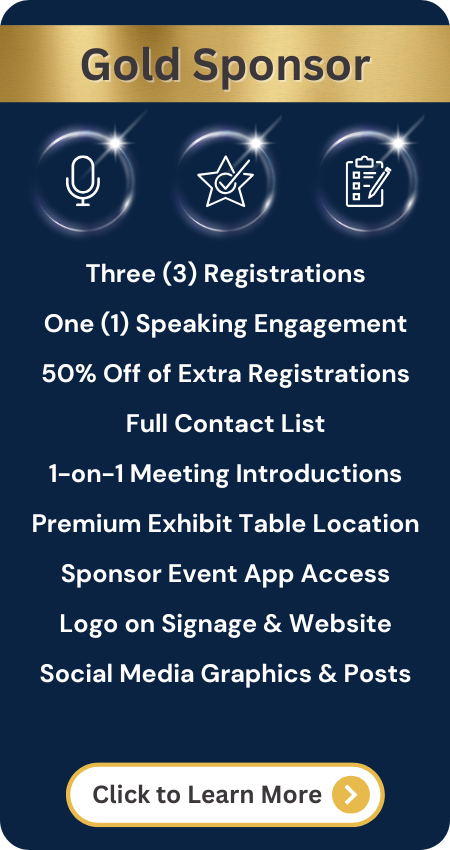 Gold sponsorship includes three passes, one speaking slot, full contact list, and premium exhibit table