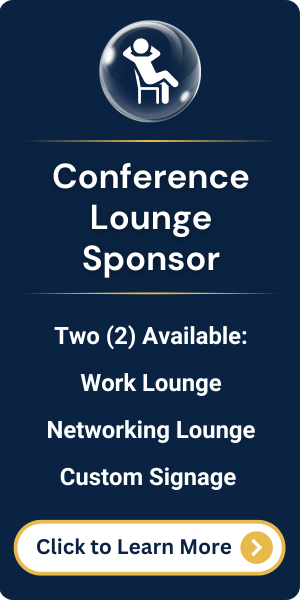 Sponsor work or networking lounge with branded signage and engagement space