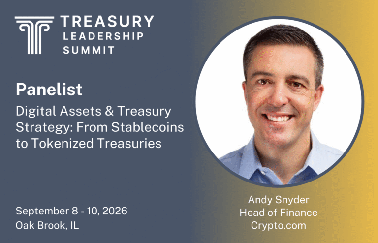 Speaker announcement for Andy Snyder, Head of Finance at Crypto.com, joining TLS 2026 as a panelist on digital assets in treasury strategy.